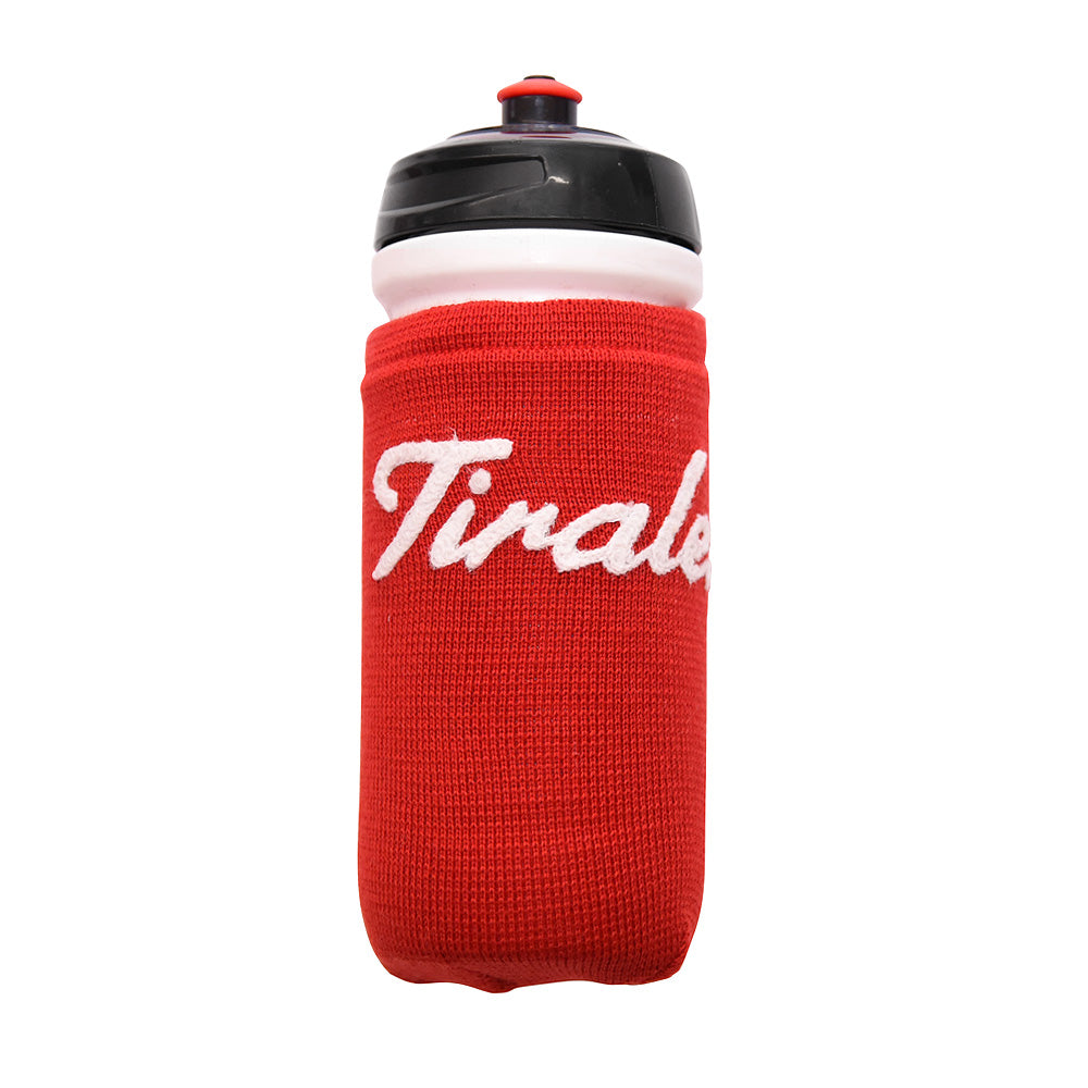 Red bottle-cover customised with Tiralento lettering