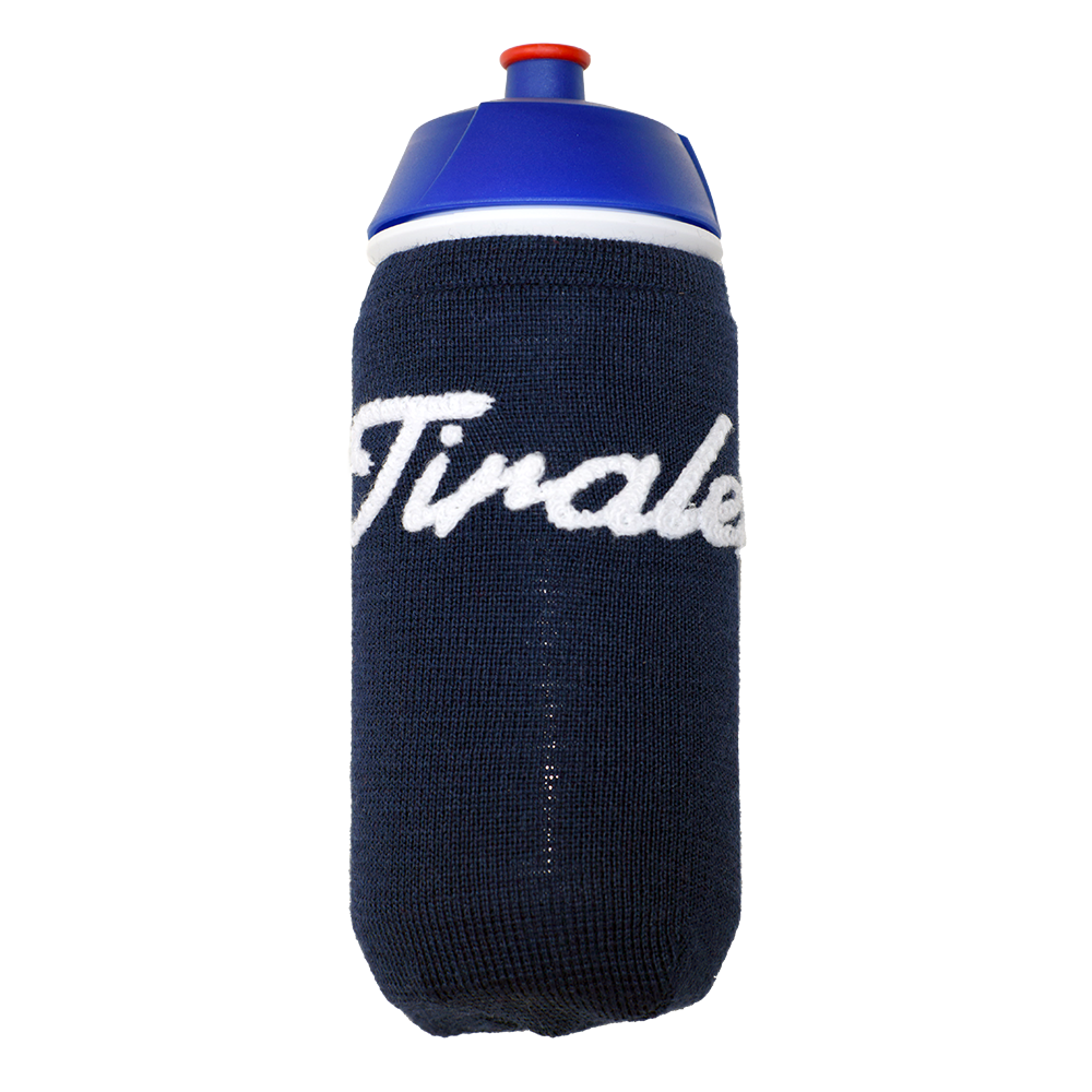 Blue bottle-cover customised with Tiralento lettering