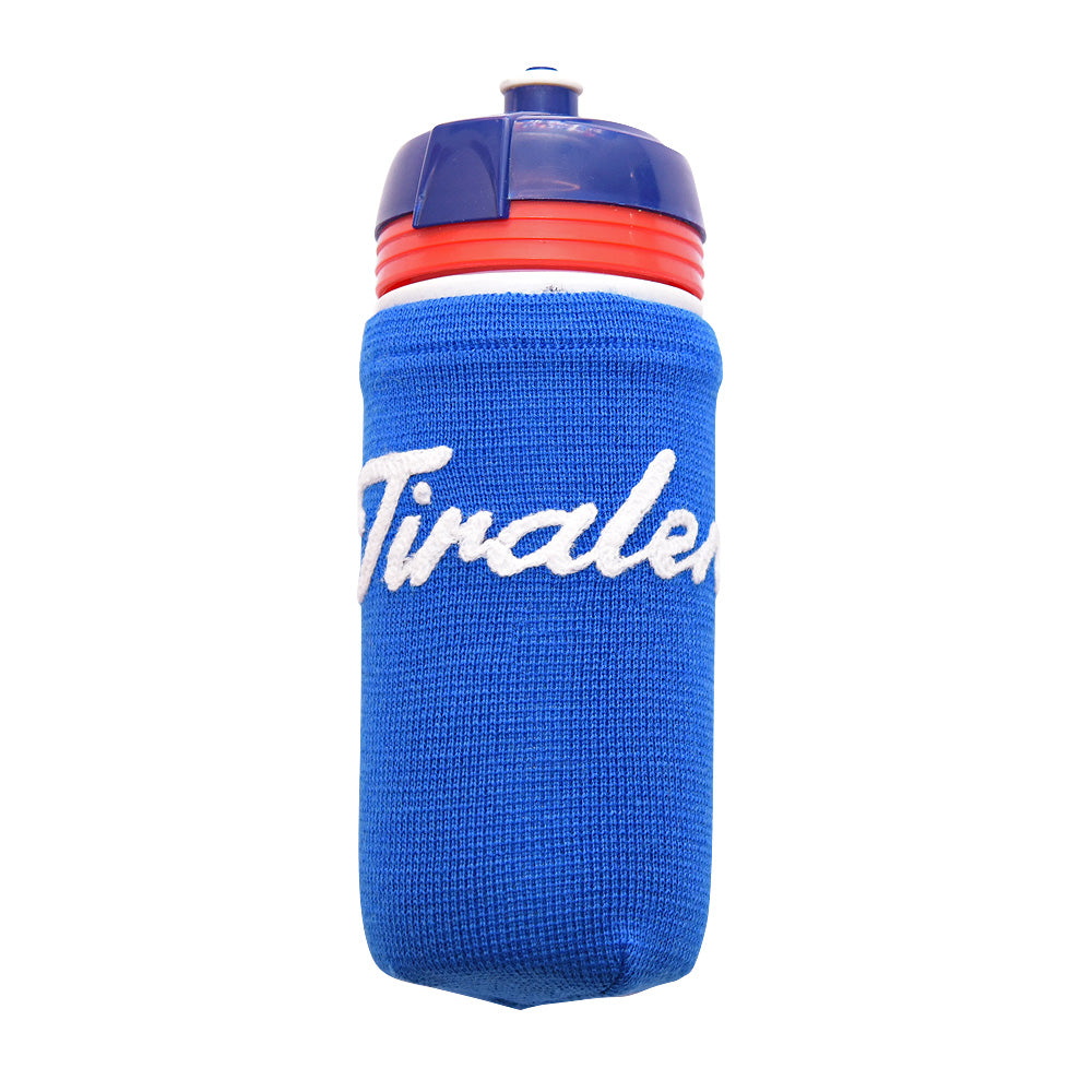 Light blue bottle-cover customised with Tiralento lettering