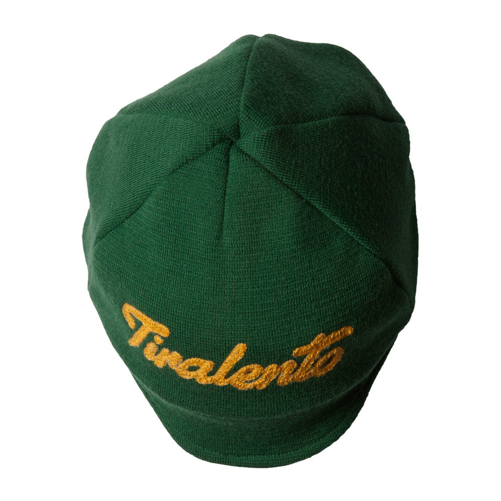 Green woolen cap customised with Tiralento lettering