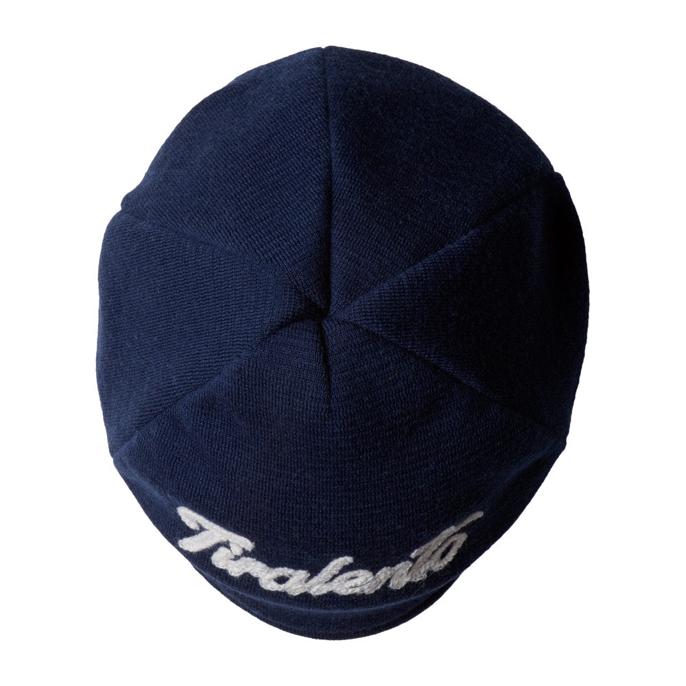 Blue woolen cap customised with Tiralento lettering