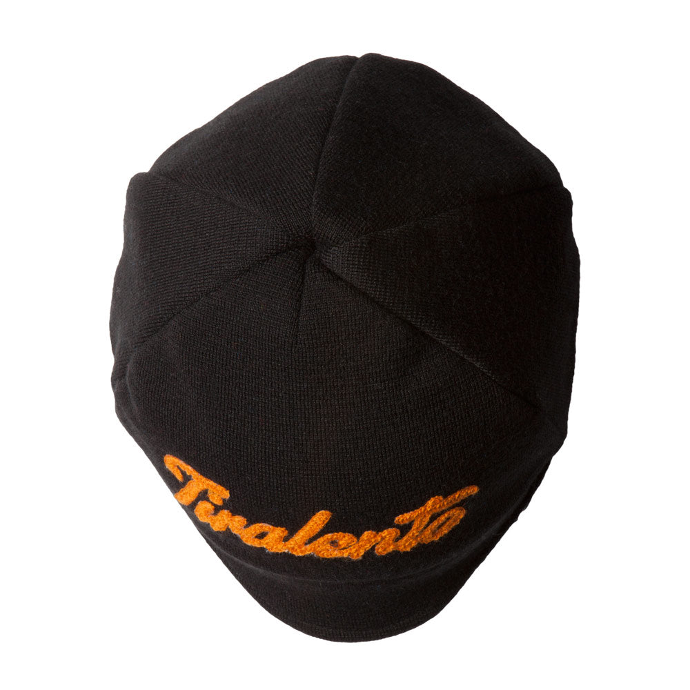 Black woolen cap customised with Tiralento lettering