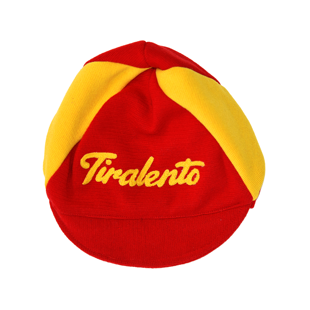 Yellow red woolen cap customised with Tiralento lettering