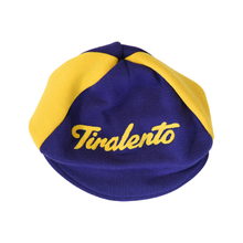 Load image into Gallery viewer, Yellow purple woolen cap customised with Tiralento lettering
