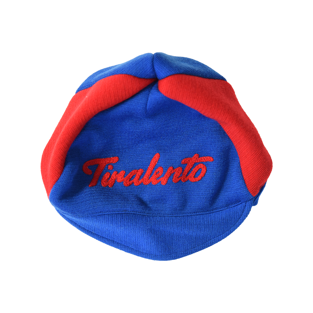 Sky-blue red woolen cap customised with Tiralento lettering