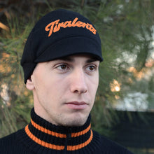 Load image into Gallery viewer, Black woolen cap customised with Tiralento lettering
