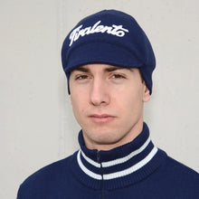 Load image into Gallery viewer, Blue woolen cap customised with Tiralento lettering
